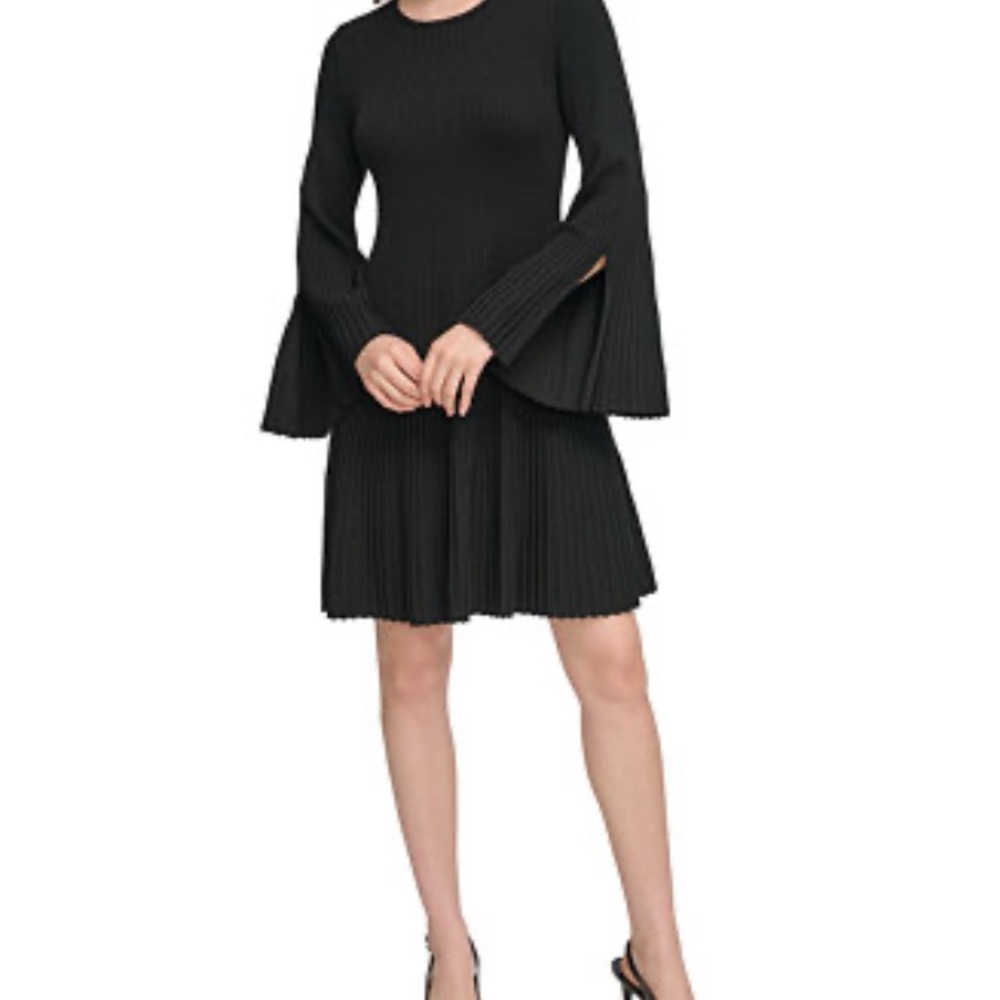 Calvin Klein Black Ribbed Pleated Long-Sleeve Dress